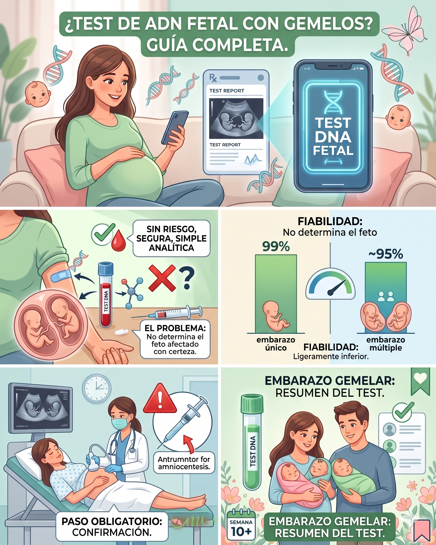 Infografía interactiva sobre el examen de ADN fetal para embarazo gemelar, explicando la precisión del tamizaje prenatal no invasivo y qué pasa si esperas mellizos